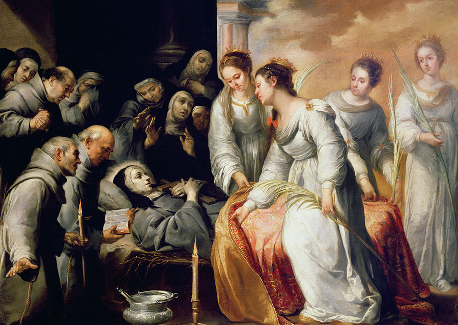 Poor Clares and Friars gather around a dying St. Clare