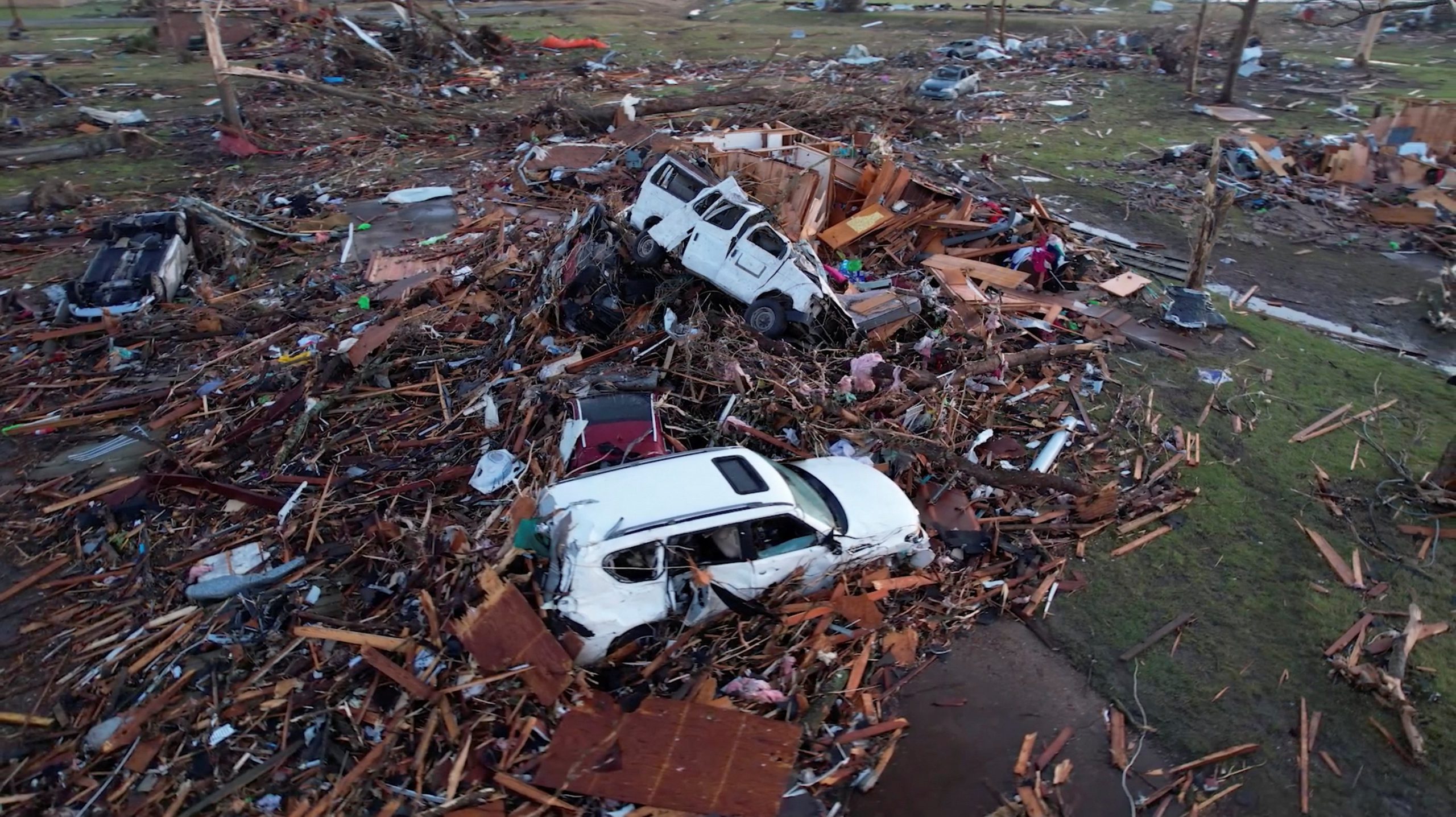 An aerial view of the aftermath of a tornado, in Rolling Fork, Mississippi, U.S. March 25, 2023 in this screengrab obtained from a video. Dozens are dead or injured after a least one powerful tornado tore through rural Mississippi March 24. (OSV News photo/SevereStudios.com, Jordan Hall via Reuters)