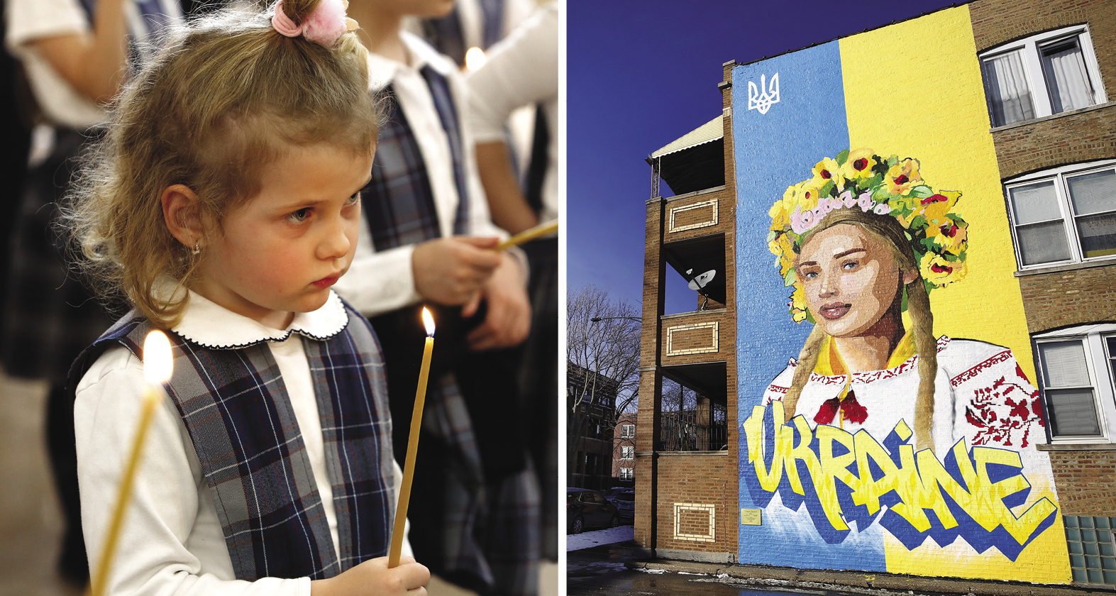 Mural in honor of Ukraine and a kid holding a candle