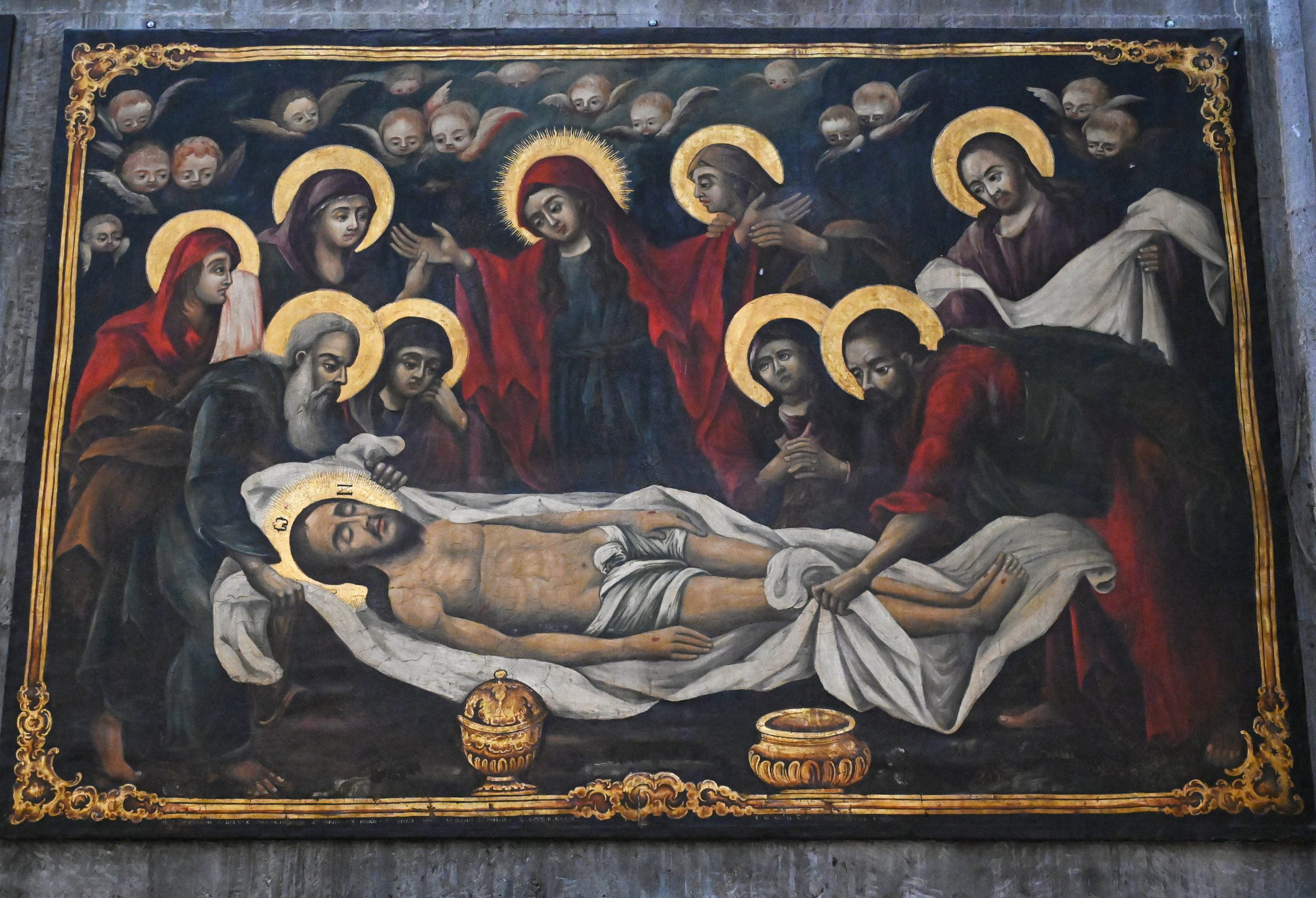 A painting of the burial of Christ that was restored by Greek art restorer Zarifis Zarifopoulos is seen in the Church of the Holy Sepulcher in the Old City of Jerusalem, March 10, 2023. (OSV News photo/Debbie Hill)